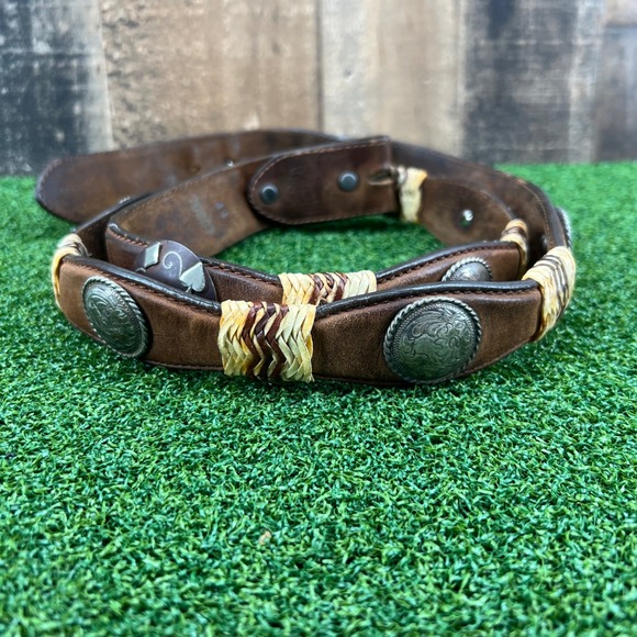 Tony Lama Accessories - Vintage Tony Lama Western Leather Belt Woven Straw Concho Boho Cowgirl‎ Belt 44